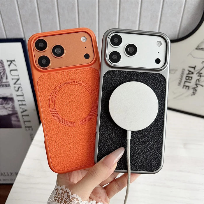 For iPhone 17 Pro Max Magnetic Case Litchi Texture PU Leather Coated PC + TPU Phone Back Cover - Orange - 3