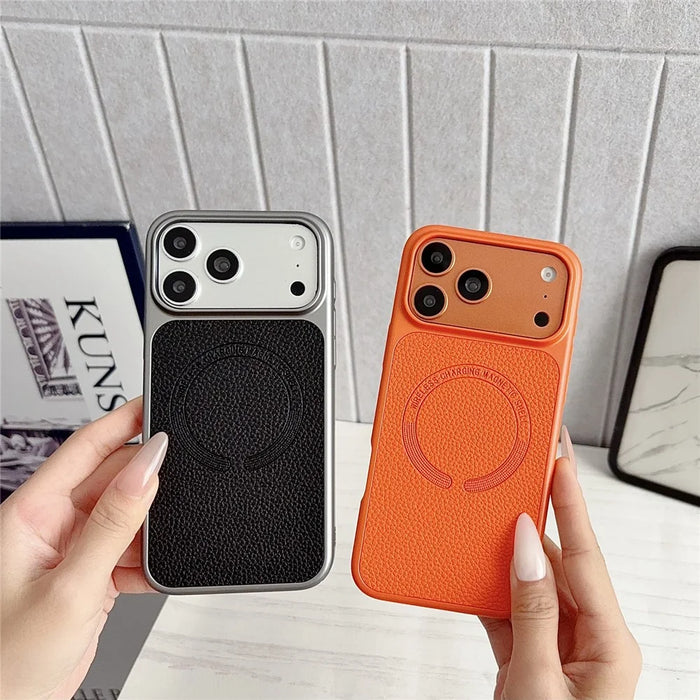 For iPhone 17 Pro Max Magnetic Case Litchi Texture PU Leather Coated PC + TPU Phone Back Cover - Orange - 4