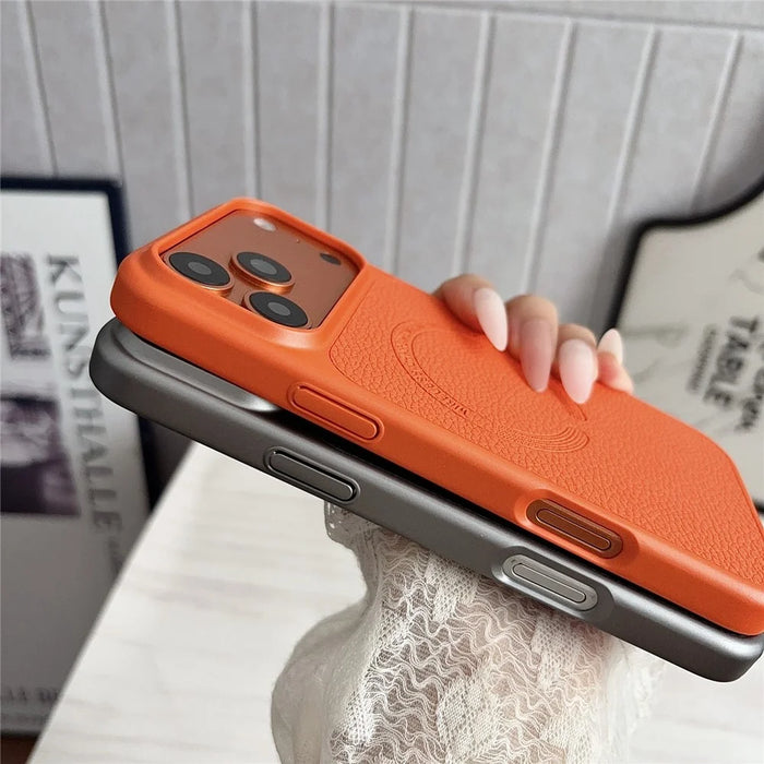 For iPhone 17 Pro Max Magnetic Case Litchi Texture PU Leather Coated PC + TPU Phone Back Cover - Orange - 5