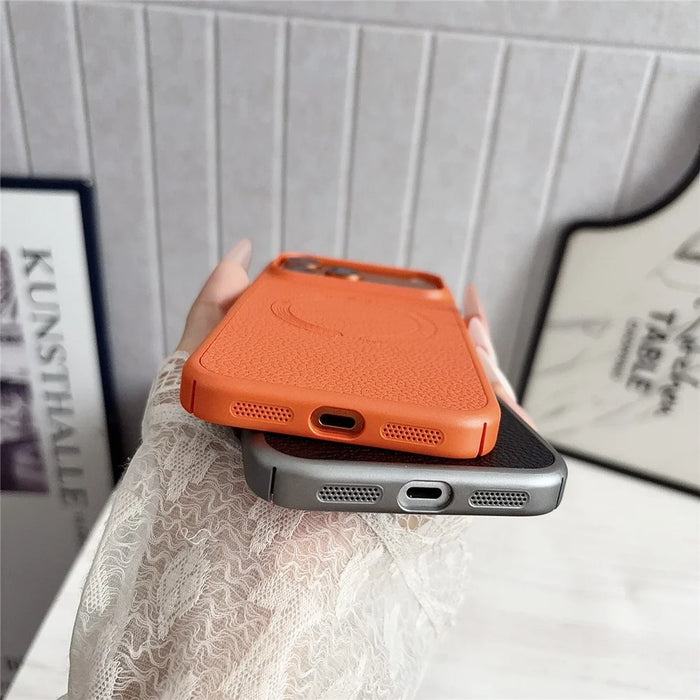For iPhone 17 Pro Max Magnetic Case Litchi Texture PU Leather Coated PC + TPU Phone Back Cover - Orange - 6