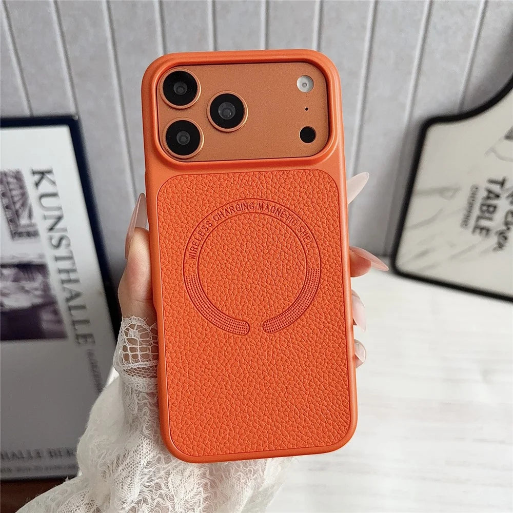 For iPhone 17 Pro Magnetic Case Litchi Texture PU Leather Coated PC + TPU Phone Back Cover - Orange - 2