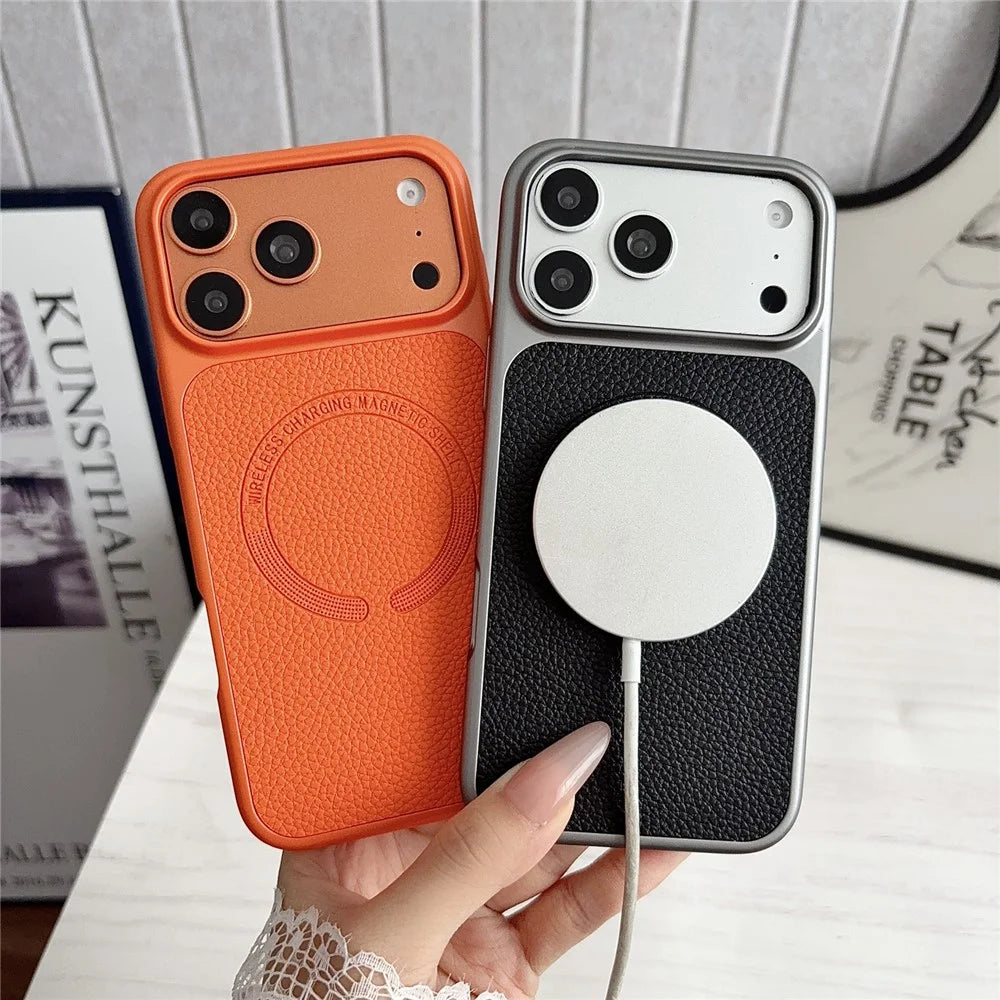 For iPhone 17 Pro Magnetic Case Litchi Texture PU Leather Coated PC + TPU Phone Back Cover - Orange - 3
