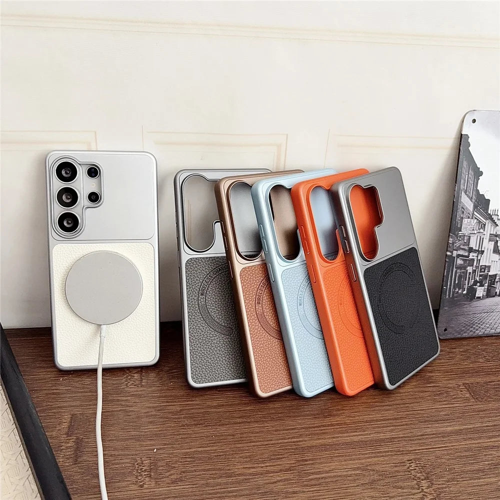 For Samsung Galaxy S26 Ultra Magnetic Case Litchi Texture PU Leather Coated PC + TPU Phone Back Cover - Matte Grey - 6
