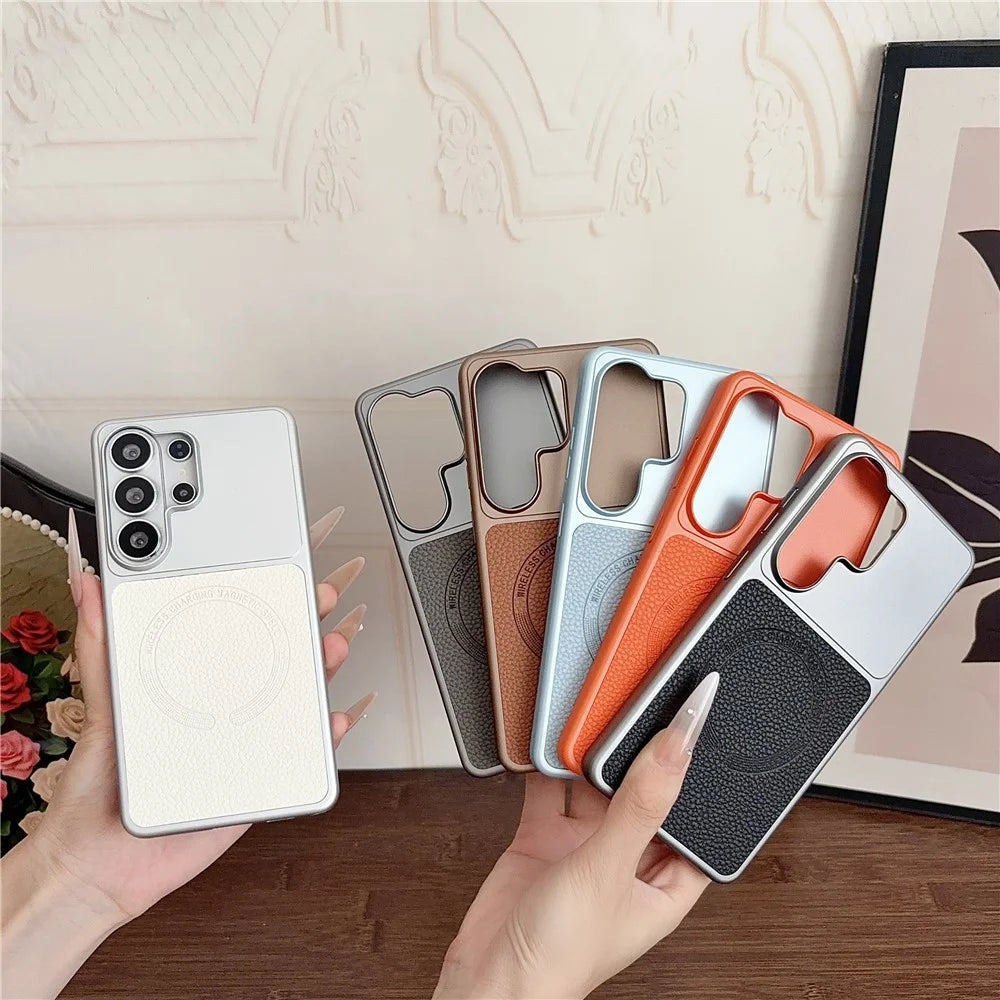 For Samsung Galaxy S26 Ultra Magnetic Case Litchi Texture PU Leather Coated PC + TPU Phone Back Cover - Matte Grey - 7