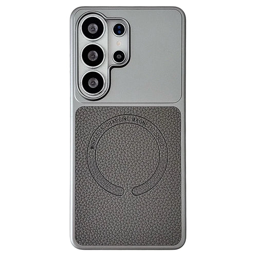 For Samsung Galaxy S25 Ultra Magnetic Case Litchi Texture PU Leather Coated PC + TPU Phone Back Cover - Matte Grey - 1