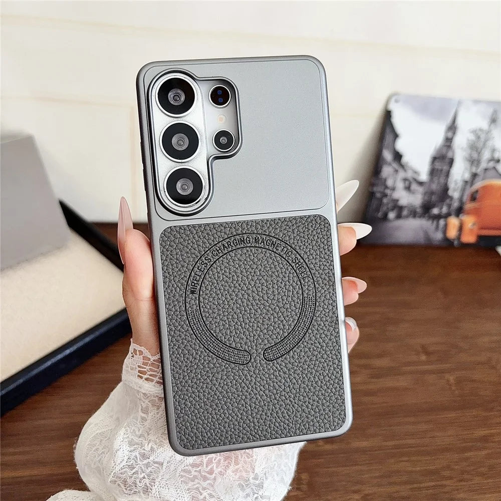 For Samsung Galaxy S25 Ultra Magnetic Case Litchi Texture PU Leather Coated PC + TPU Phone Back Cover - Matte Grey - 2