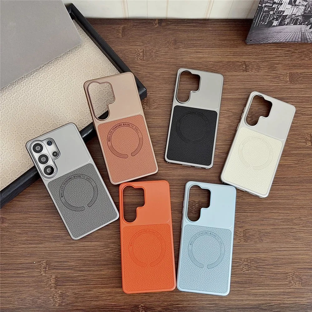 For Samsung Galaxy S25 Ultra Magnetic Case Litchi Texture PU Leather Coated PC + TPU Phone Back Cover - Matte Grey - 3