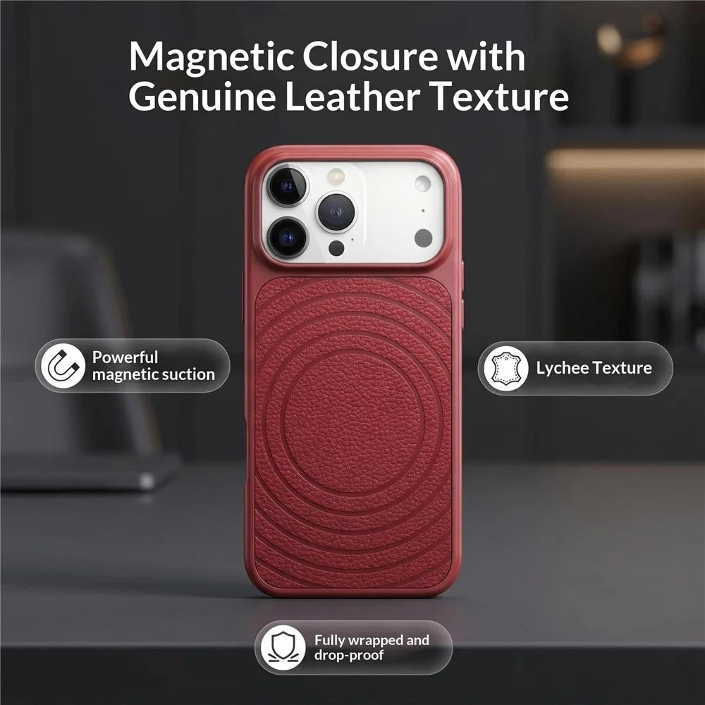 For iPhone 17 Pro Magnetic Case Ripple Pattern Leather Coated PC + TPU Shockproof Back Cover - Cherry Red - 4