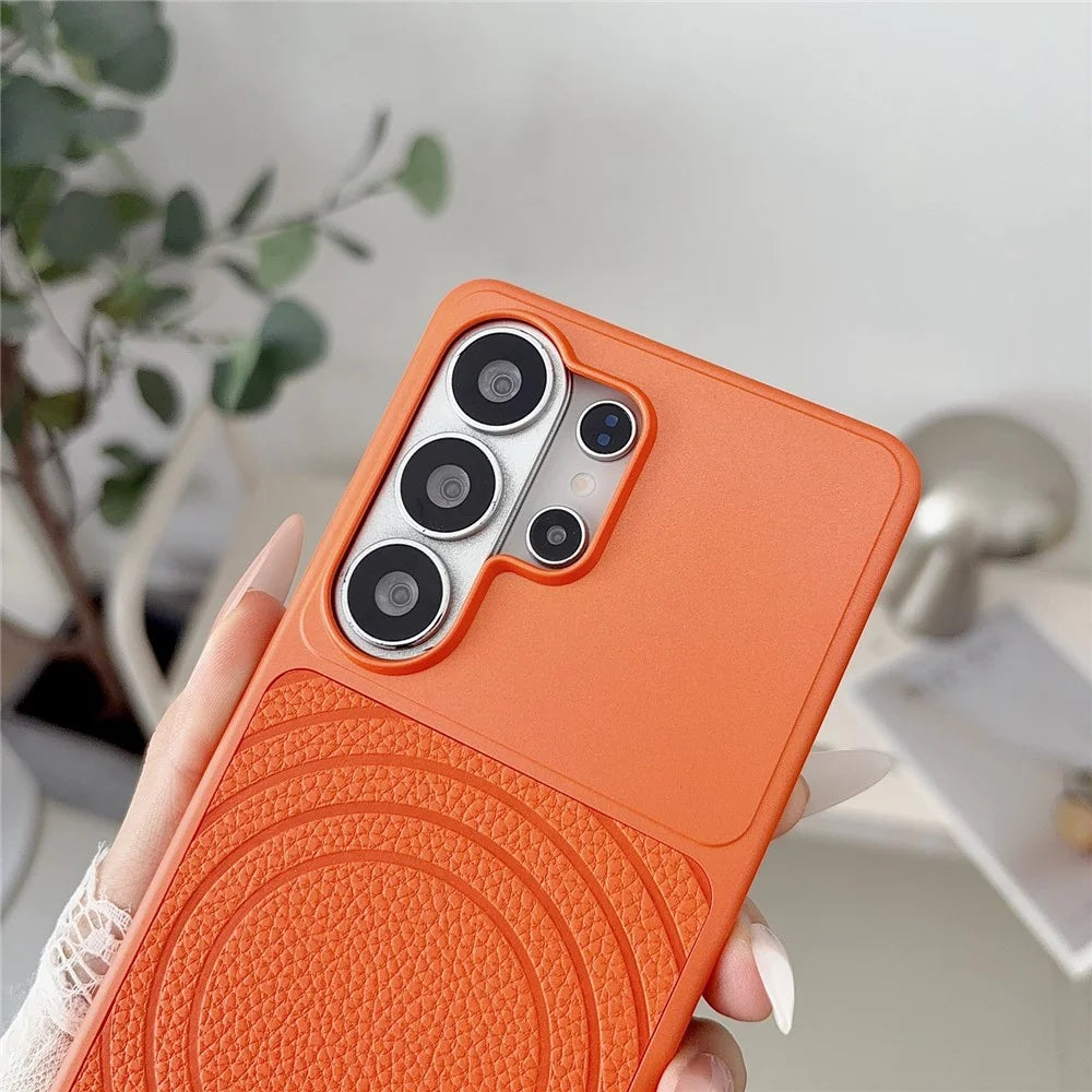 For Samsung Galaxy S26 Ultra Magnetic Case Ripple Pattern Leather Coated PC + TPU Shockproof Back Cover - Orange - 3