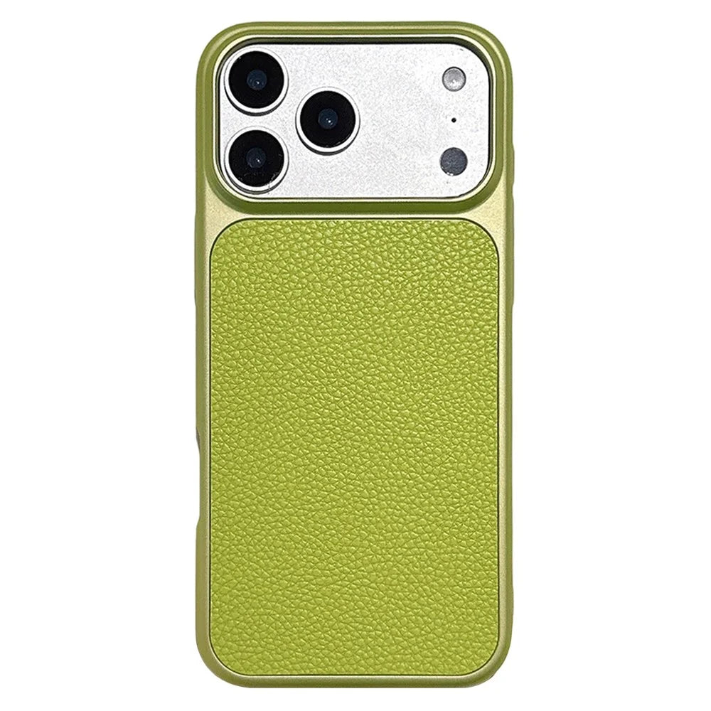 For iPhone 17 Pro Max Case Metal Paint Litchi Texture Leather Coated PC + TPU Protective Phone Cover - Lime Green - 1
