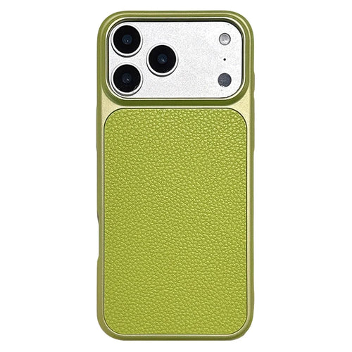 For iPhone 17 Pro Max Case Metal Paint Litchi Texture Leather Coated PC + TPU Protective Phone Cover - Lime Green - 1