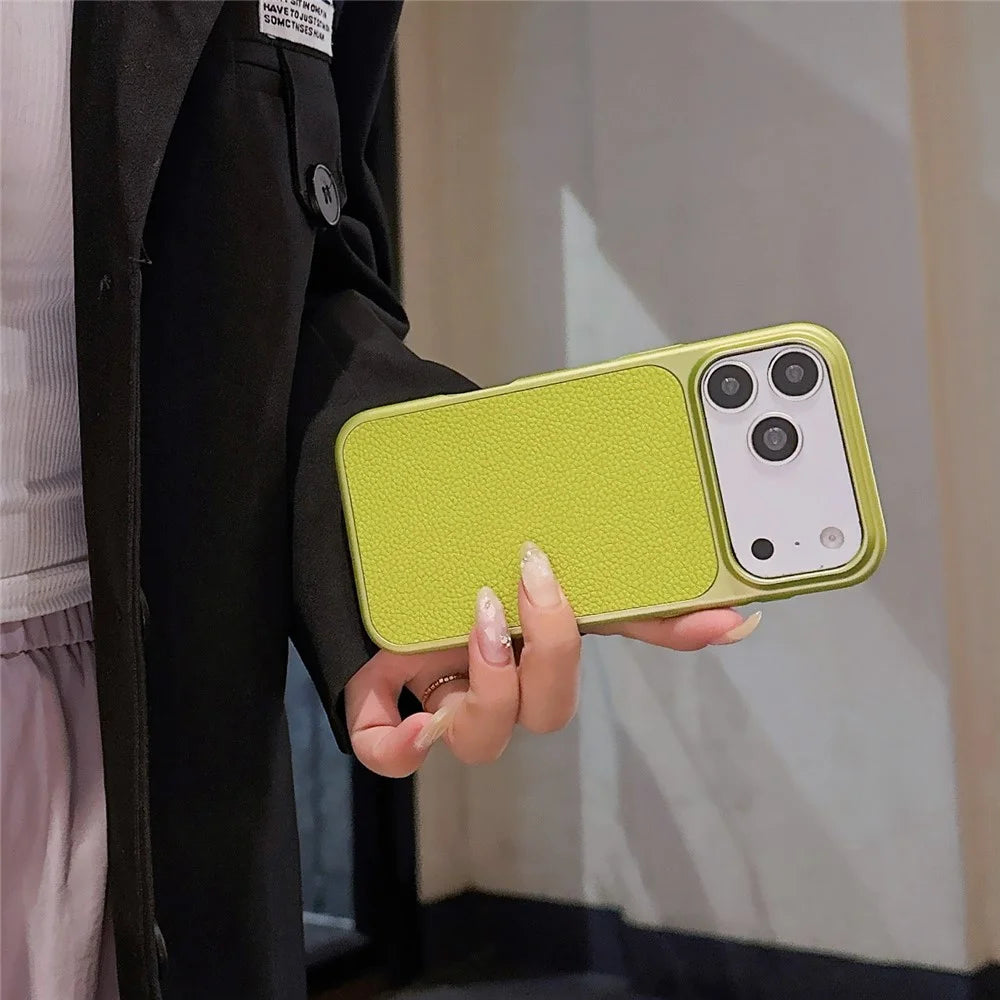 For iPhone 17 Pro Max Case Metal Paint Litchi Texture Leather Coated PC + TPU Protective Phone Cover - Lime Green - 4