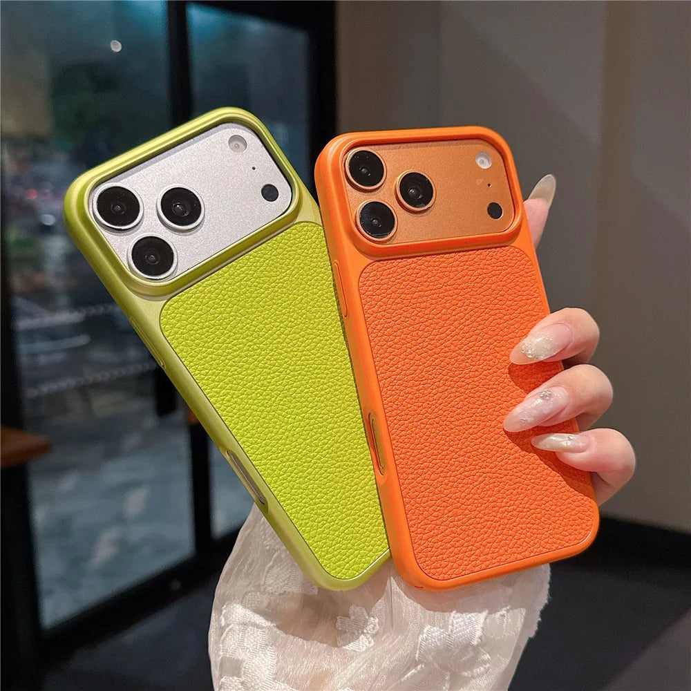 For iPhone 17 Pro Max Case Metal Paint Litchi Texture Leather Coated PC + TPU Protective Phone Cover - Lime Green - 5