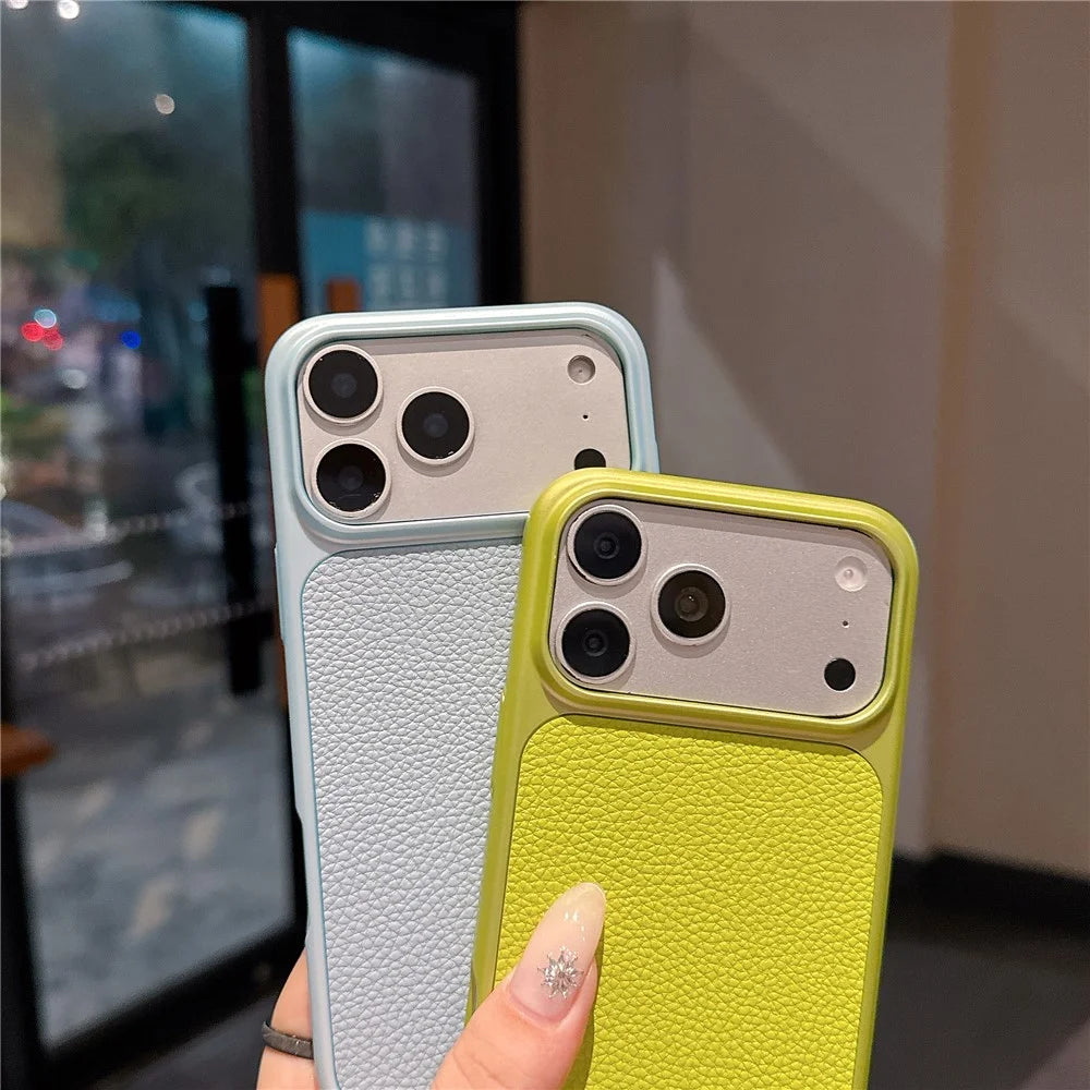 For iPhone 17 Pro Max Case Metal Paint Litchi Texture Leather Coated PC + TPU Protective Phone Cover - Lime Green - 6