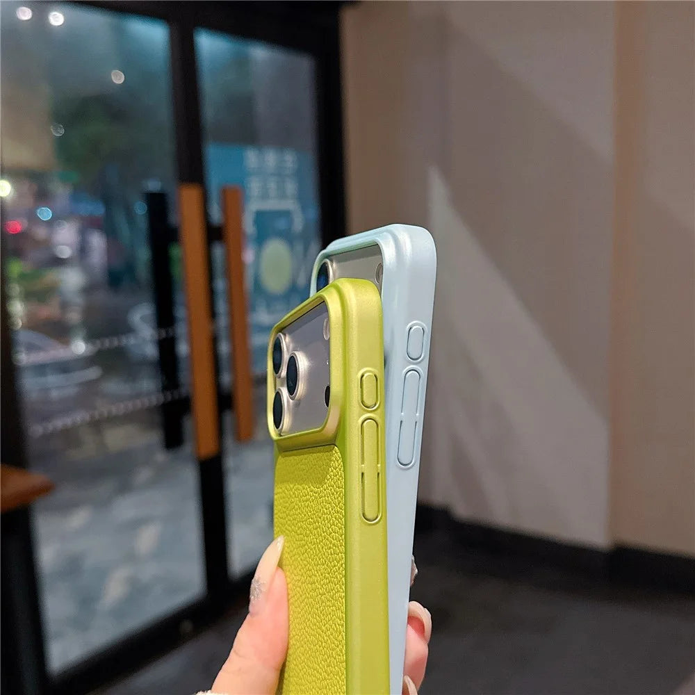 For iPhone 17 Pro Max Case Metal Paint Litchi Texture Leather Coated PC + TPU Protective Phone Cover - Lime Green - 7
