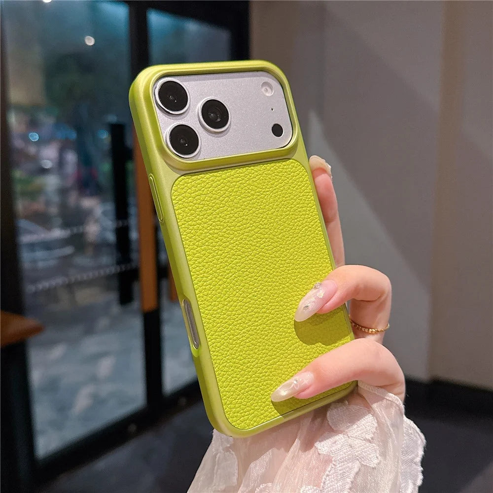 For iPhone 17 Pro Max Magnetic Case Metal Paint Litchi Texture Leather Coated PC + TPU Phone Cover - Lime Green - 2