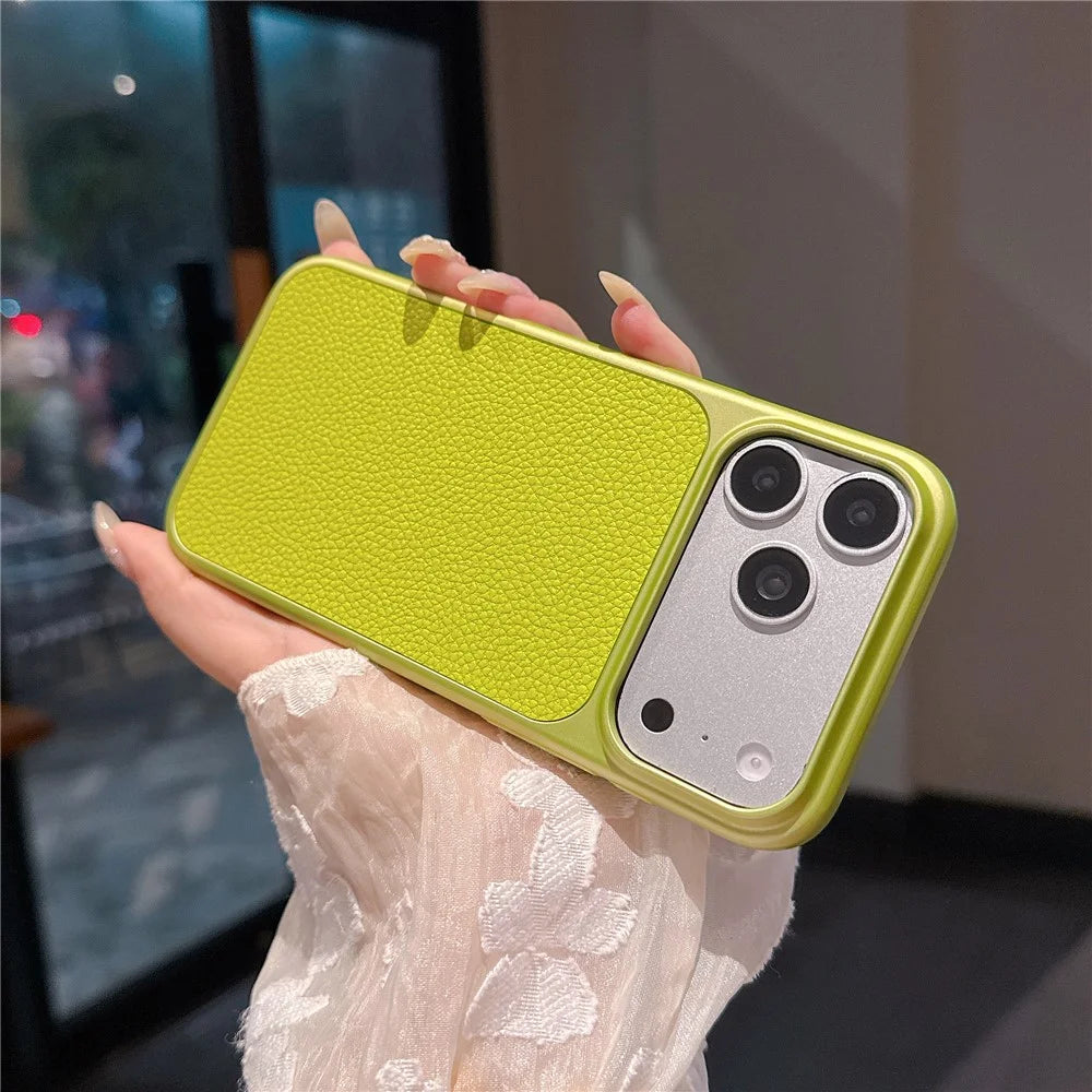 For iPhone 17 Pro Max Magnetic Case Metal Paint Litchi Texture Leather Coated PC + TPU Phone Cover - Lime Green - 3