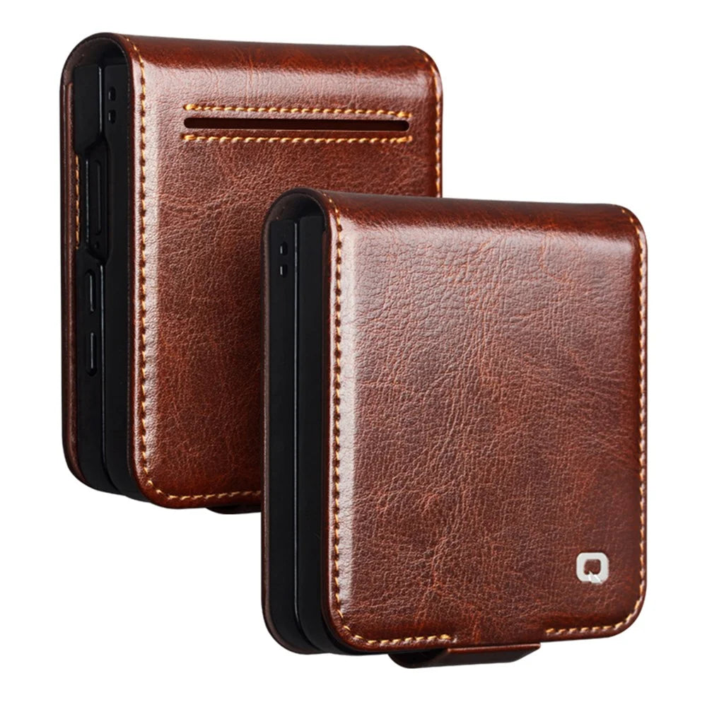 QIALINO For Samsung Galaxy Z Flip8 Case Genuine Cow Leather + PC Phone Cover with Card Slot - Brown - 1