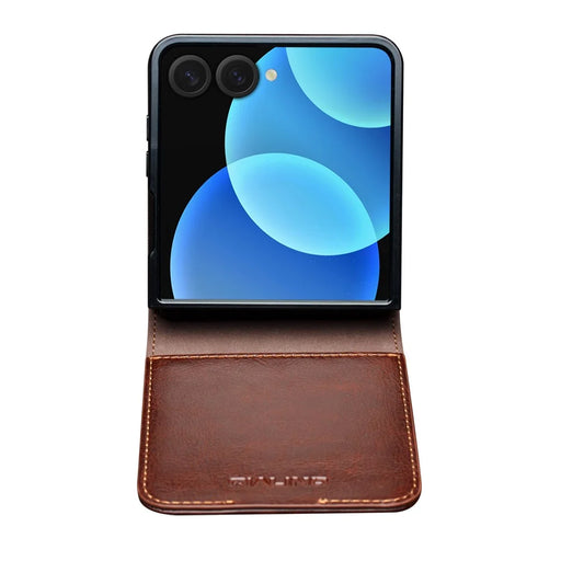 QIALINO For Samsung Galaxy Z Flip8 Case Genuine Cow Leather + PC Phone Cover with Card Slot - Brown - 2