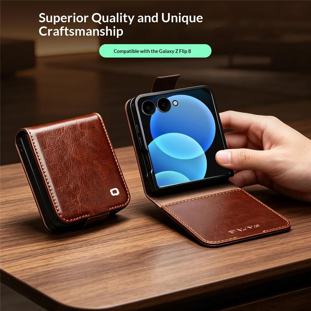 QIALINO For Samsung Galaxy Z Flip8 Case Genuine Cow Leather + PC Phone Cover with Card Slot - Brown - 4