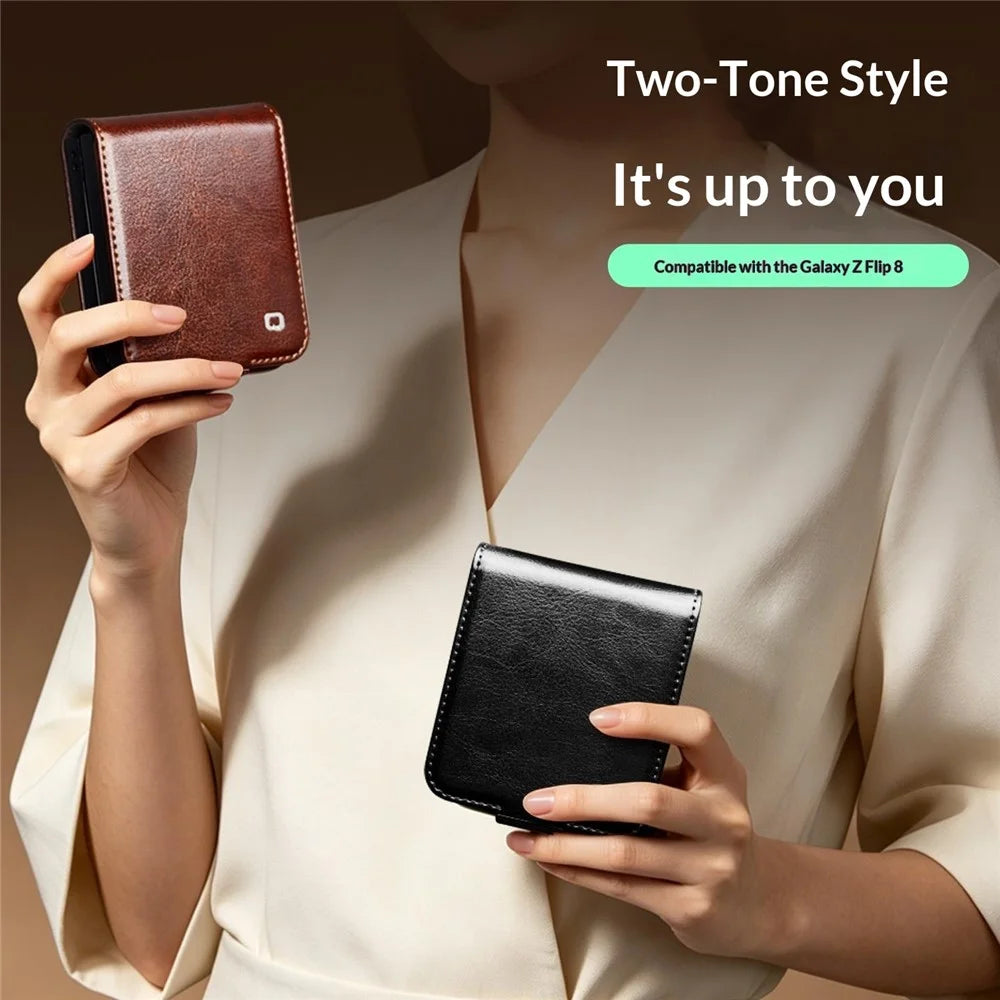 QIALINO For Samsung Galaxy Z Flip8 Case Genuine Cow Leather + PC Phone Cover with Card Slot - Brown - 5