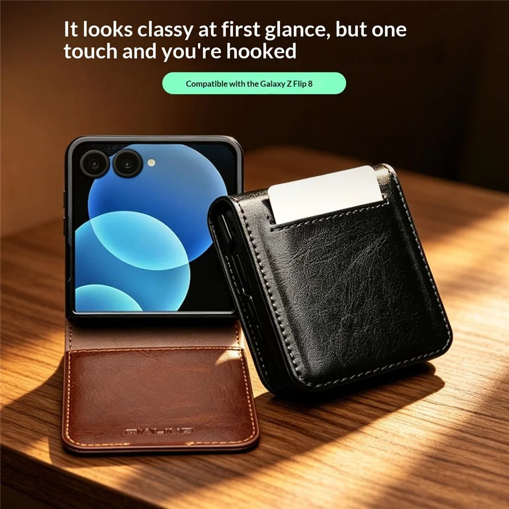 QIALINO For Samsung Galaxy Z Flip8 Case Genuine Cow Leather + PC Phone Cover with Card Slot - Brown - 6