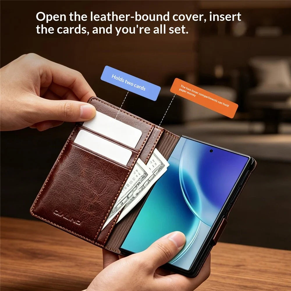 QIALINO For Samsung Galaxy Z Fold8 Case Genuine Cow Leather Stand Wallet Phone Cover - Brown - 6