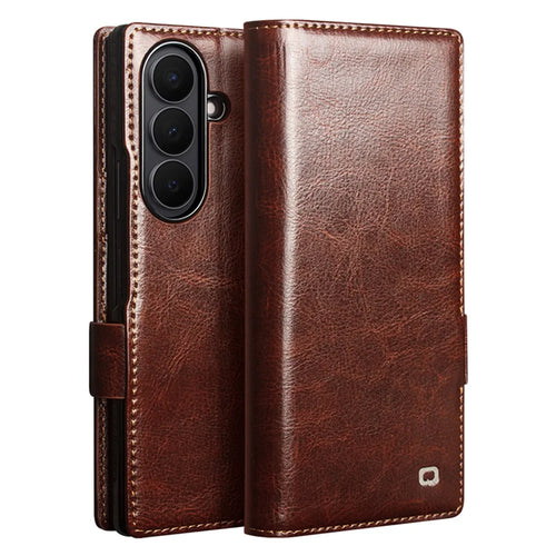 QIALINO For Samsung Galaxy Z Fold8 Ultra Case Genuine Cow Leather Stand Wallet Phone Cover - Brown - 1