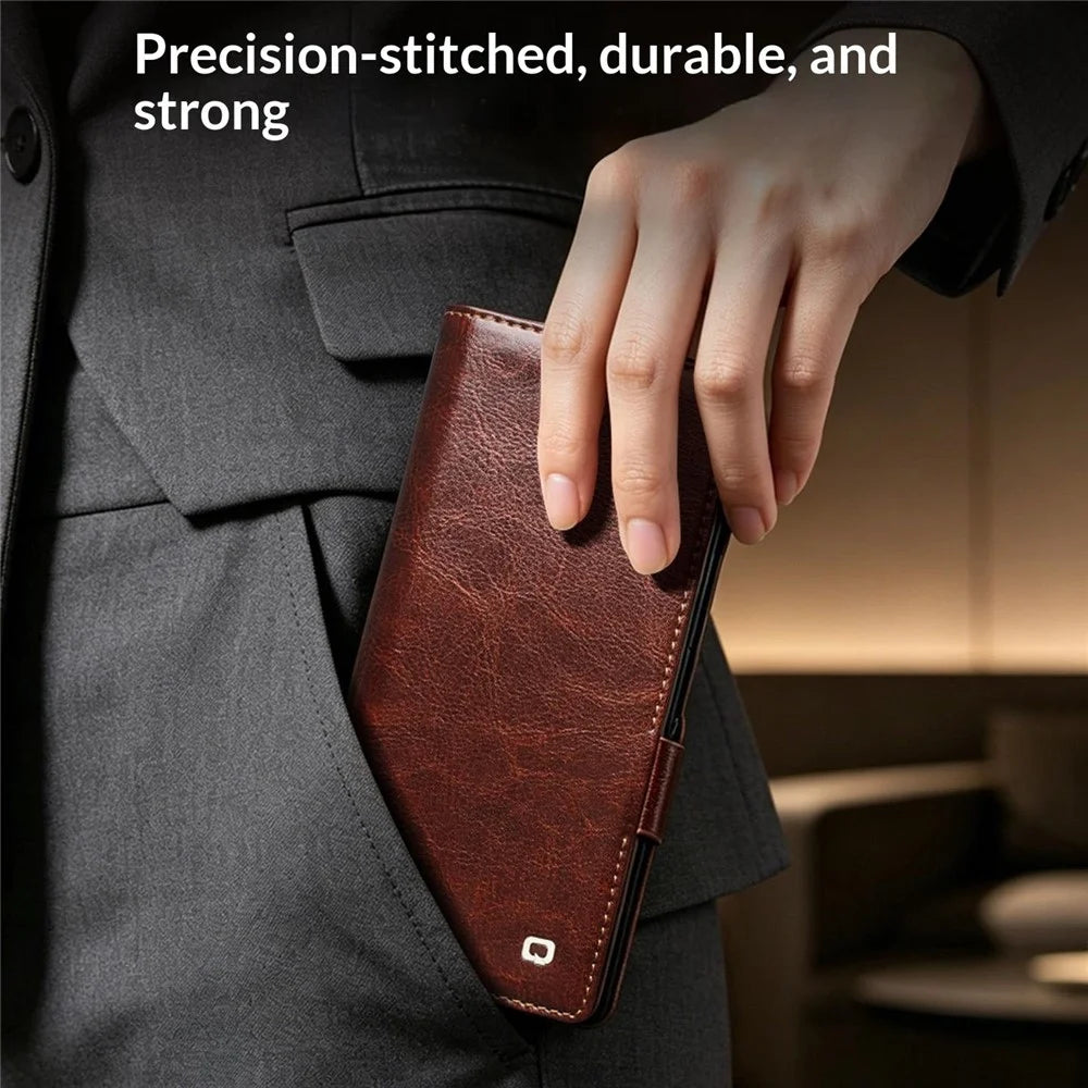 QIALINO For Samsung Galaxy Z Fold8 Ultra Case Genuine Cow Leather Stand Wallet Phone Cover - Brown - 5