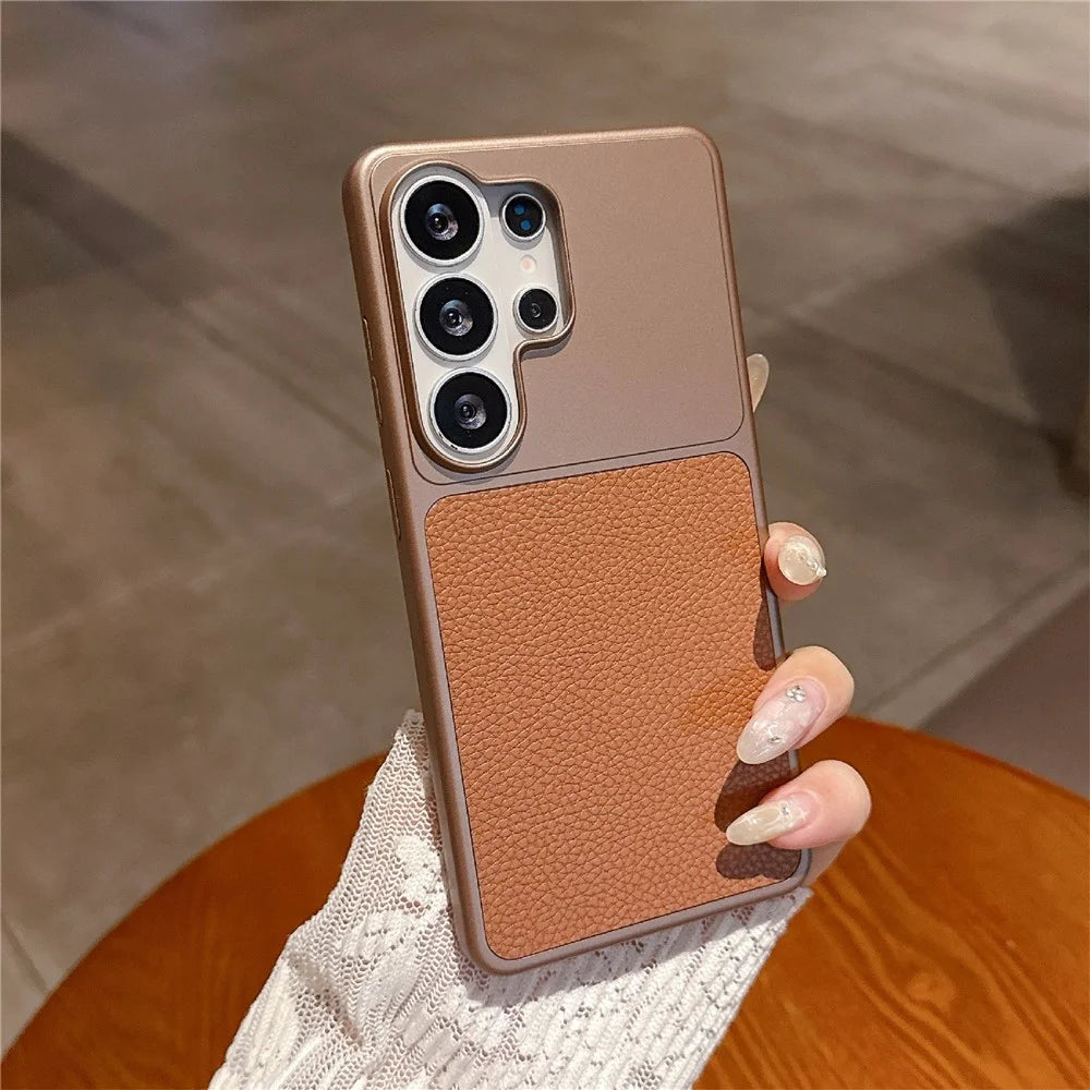 For Samsung Galaxy S25 Ultra Case Metal Paint Litchi Texture Leather Coated PC + TPU Protective Phone Cover - Coffee Gold - 1