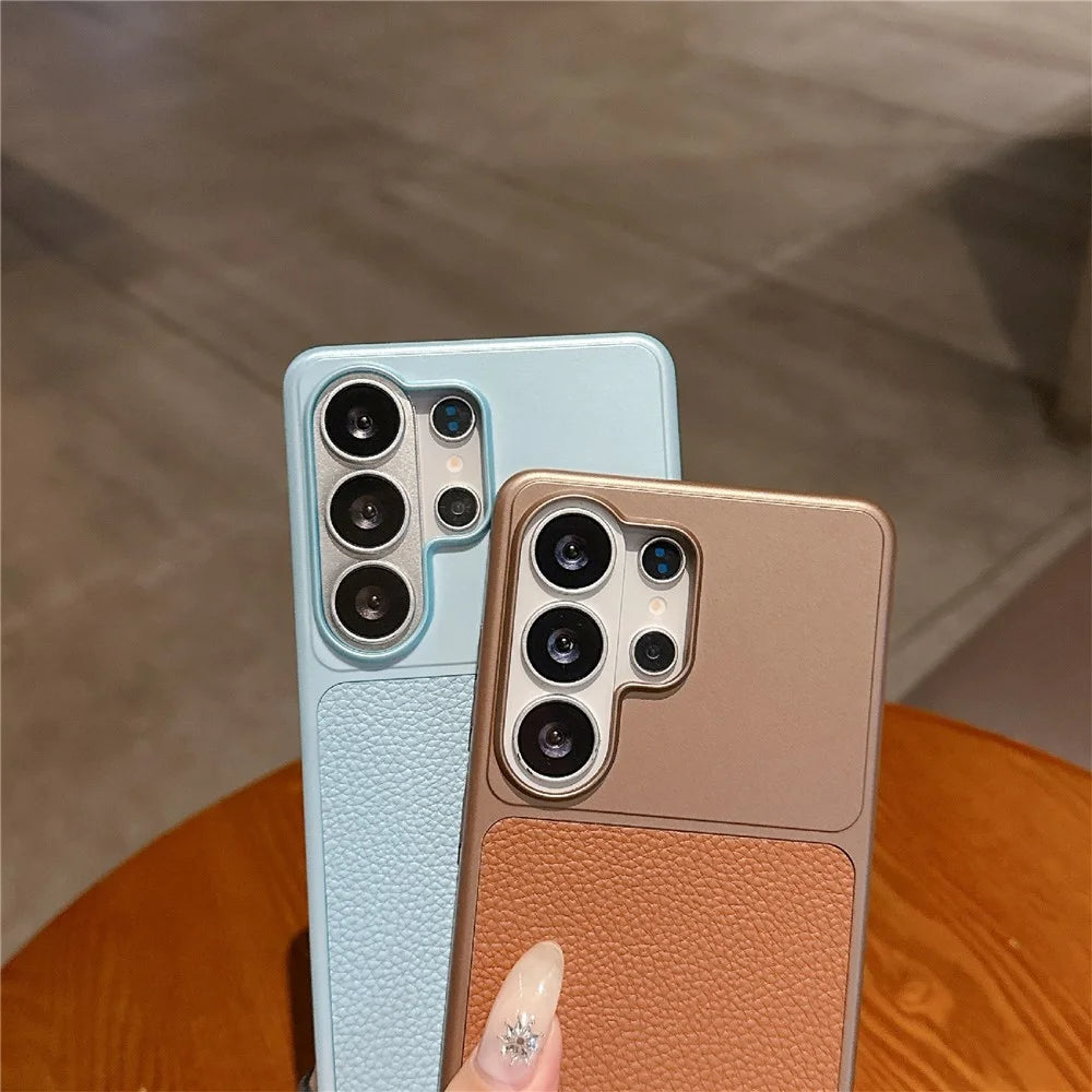 For Samsung Galaxy S25 Ultra Case Metal Paint Litchi Texture Leather Coated PC + TPU Protective Phone Cover - Coffee Gold - 2