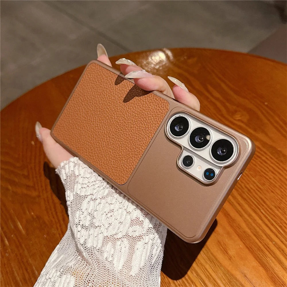 For Samsung Galaxy S25 Ultra Case Metal Paint Litchi Texture Leather Coated PC + TPU Protective Phone Cover - Coffee Gold - 5