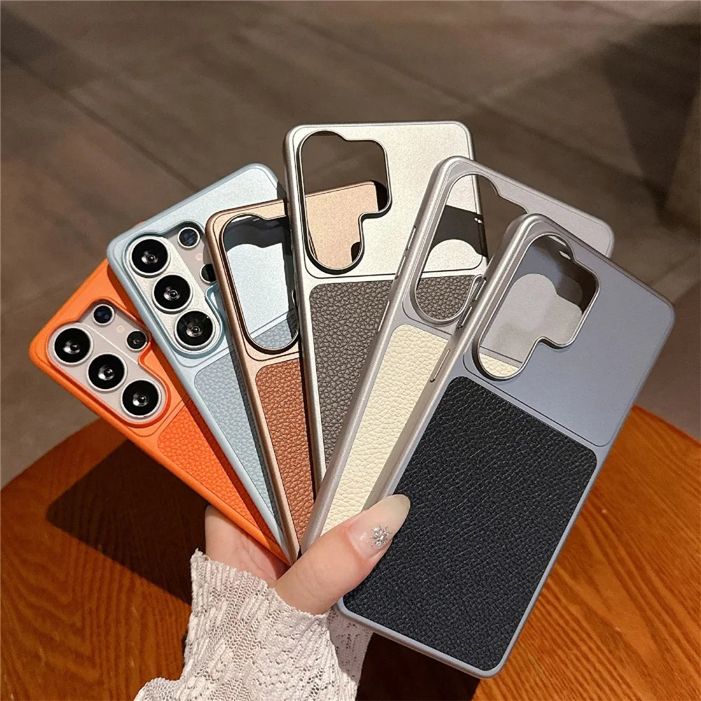 For Samsung Galaxy S25 Ultra Case Metal Paint Litchi Texture Leather Coated PC + TPU Protective Phone Cover - Coffee Gold - 6