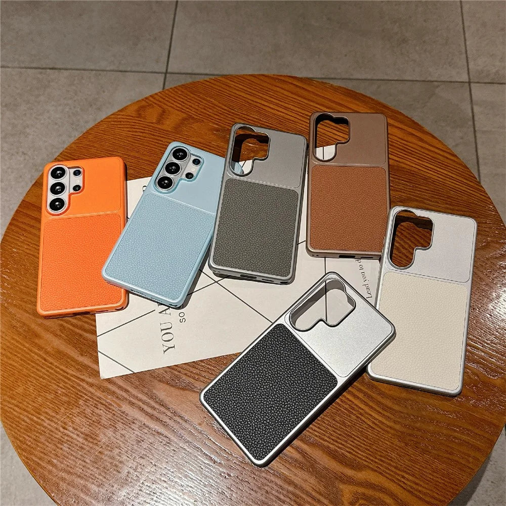 For Samsung Galaxy S25 Ultra Case Metal Paint Litchi Texture Leather Coated PC + TPU Protective Phone Cover - Coffee Gold - 7