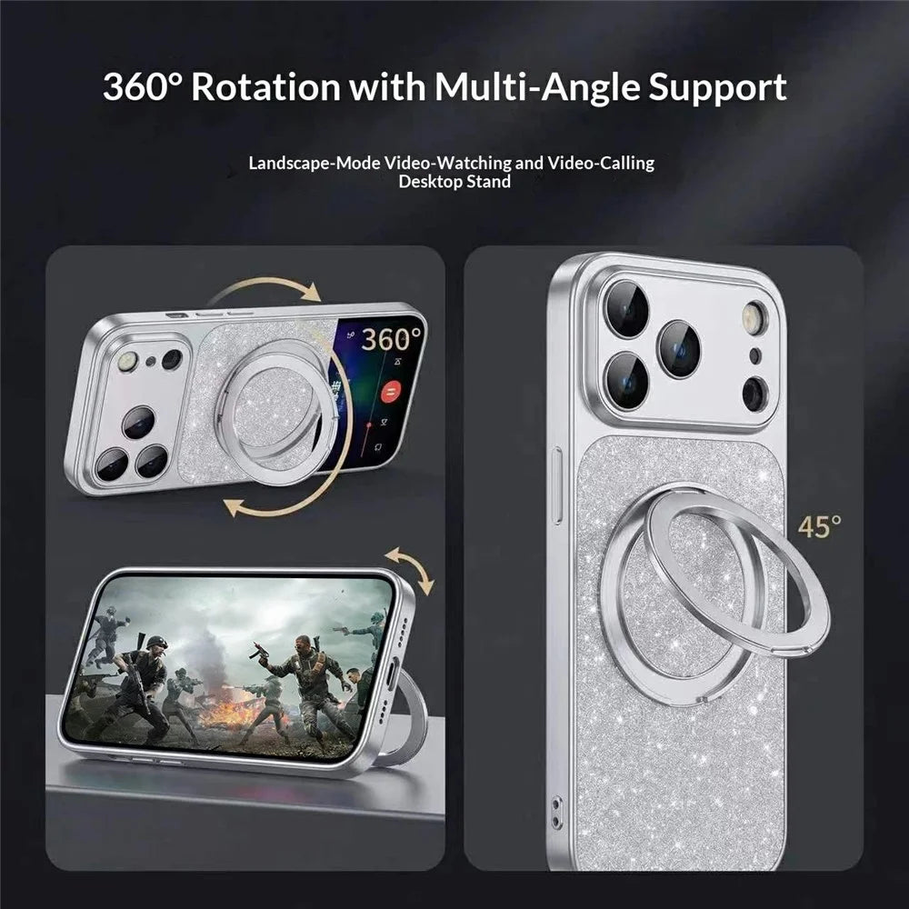 For iPhone 17 Pro Max Case Rotating Magnetic Kickstand Glitter PU Leather Phone Back Cover - Silver - 3