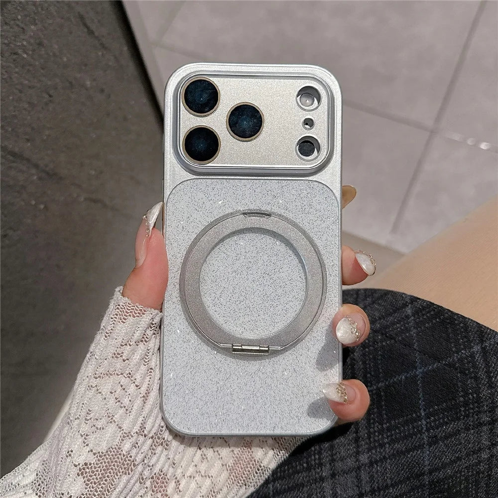 For iPhone 17 Pro Case Rotating Magnetic Kickstand Glitter PU Leather Phone Back Cover - Silver - 1