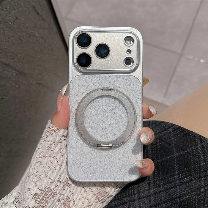 For iPhone 17 Pro Case Rotating Magnetic Kickstand Glitter PU Leather Phone Back Cover - Silver - 1