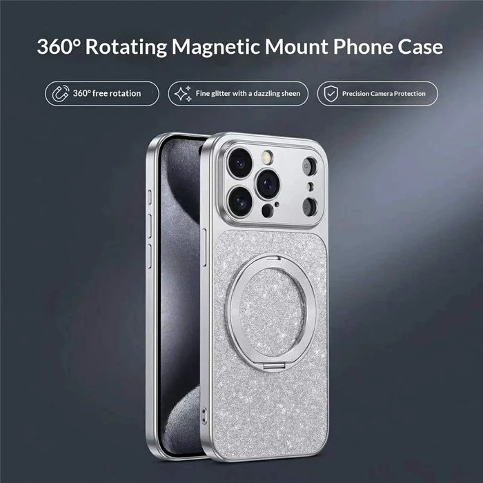 For iPhone 17 Pro Case Rotating Magnetic Kickstand Glitter PU Leather Phone Back Cover - Silver - 2