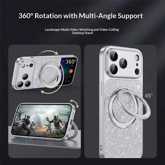 For iPhone 17 Pro Case Rotating Magnetic Kickstand Glitter PU Leather Phone Back Cover - Silver - 3