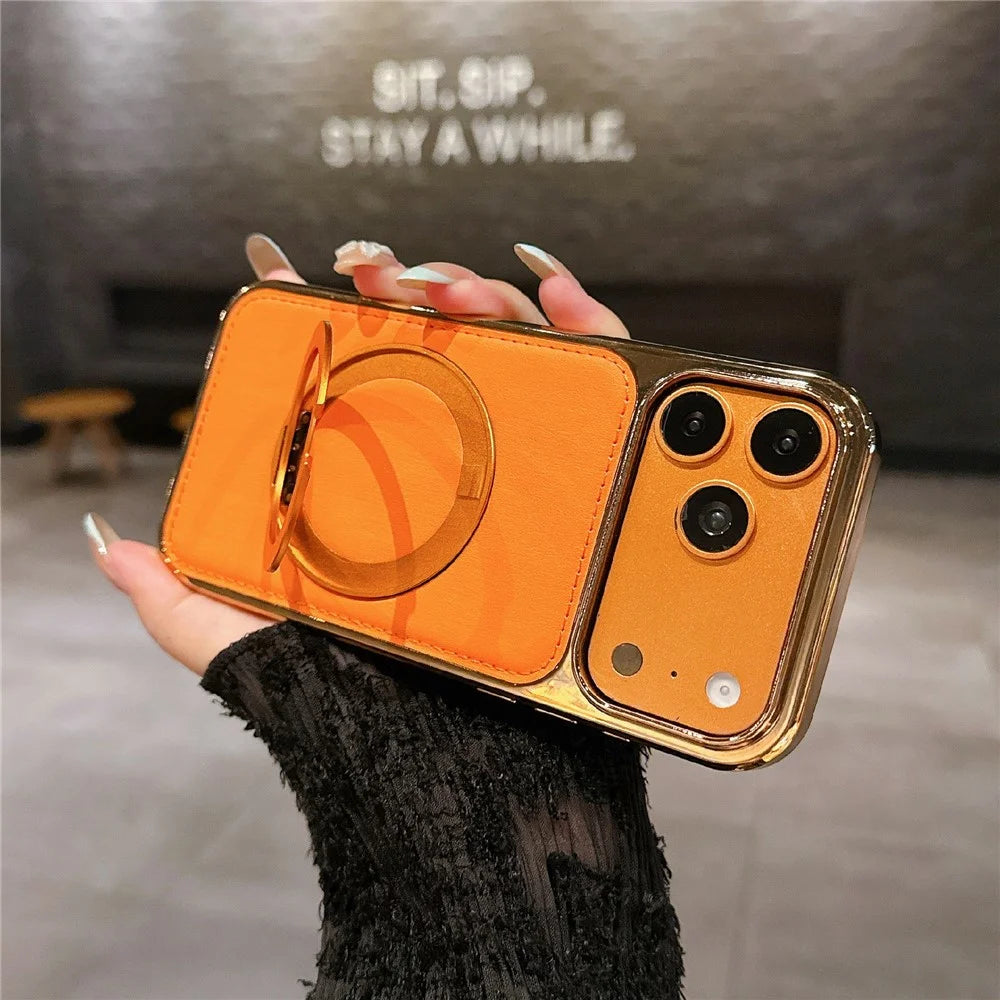 For iPhone 17 Pro Max Case Rotating Magnetic Kickstand Leather Coated PC + TPU Protective Cover - Orange - 3
