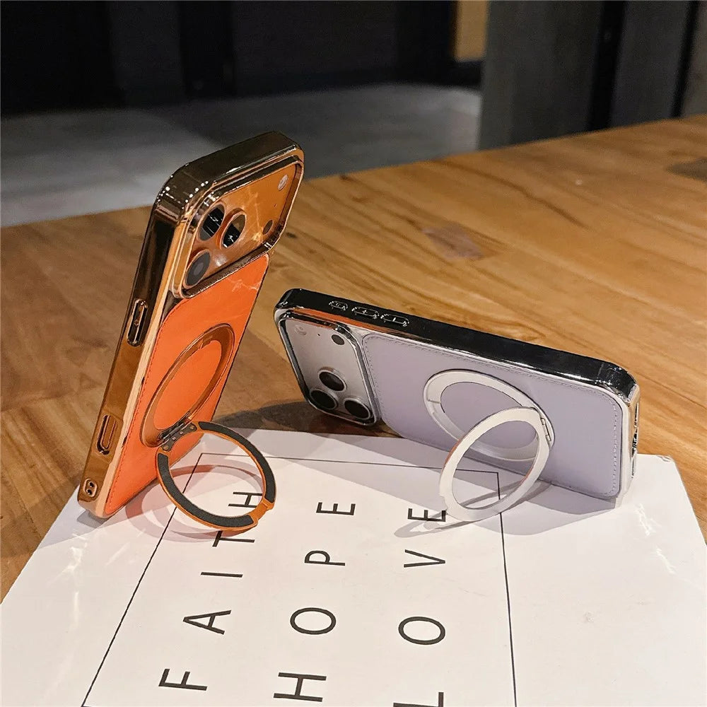 For iPhone 17 Pro Case Rotating Magnetic Kickstand Leather Coated PC + TPU Protective Cover - Orange - 2