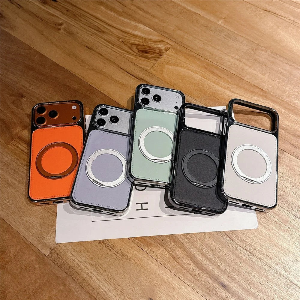 For iPhone 17 Pro Case Rotating Magnetic Kickstand Leather Coated PC + TPU Protective Cover - Orange - 4