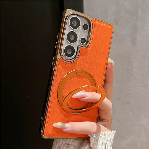 For Samsung Galaxy S26 Ultra Case Rotating Magnetic Kickstand Leather Coated PC + TPU Protective Cover - Orange - 1