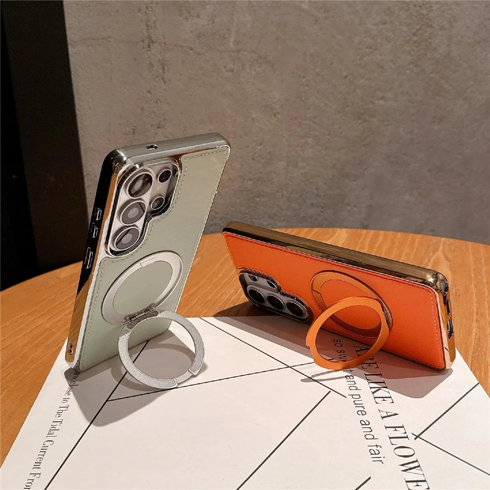For Samsung Galaxy S26 Ultra Case Rotating Magnetic Kickstand Leather Coated PC + TPU Protective Cover - Orange - 2