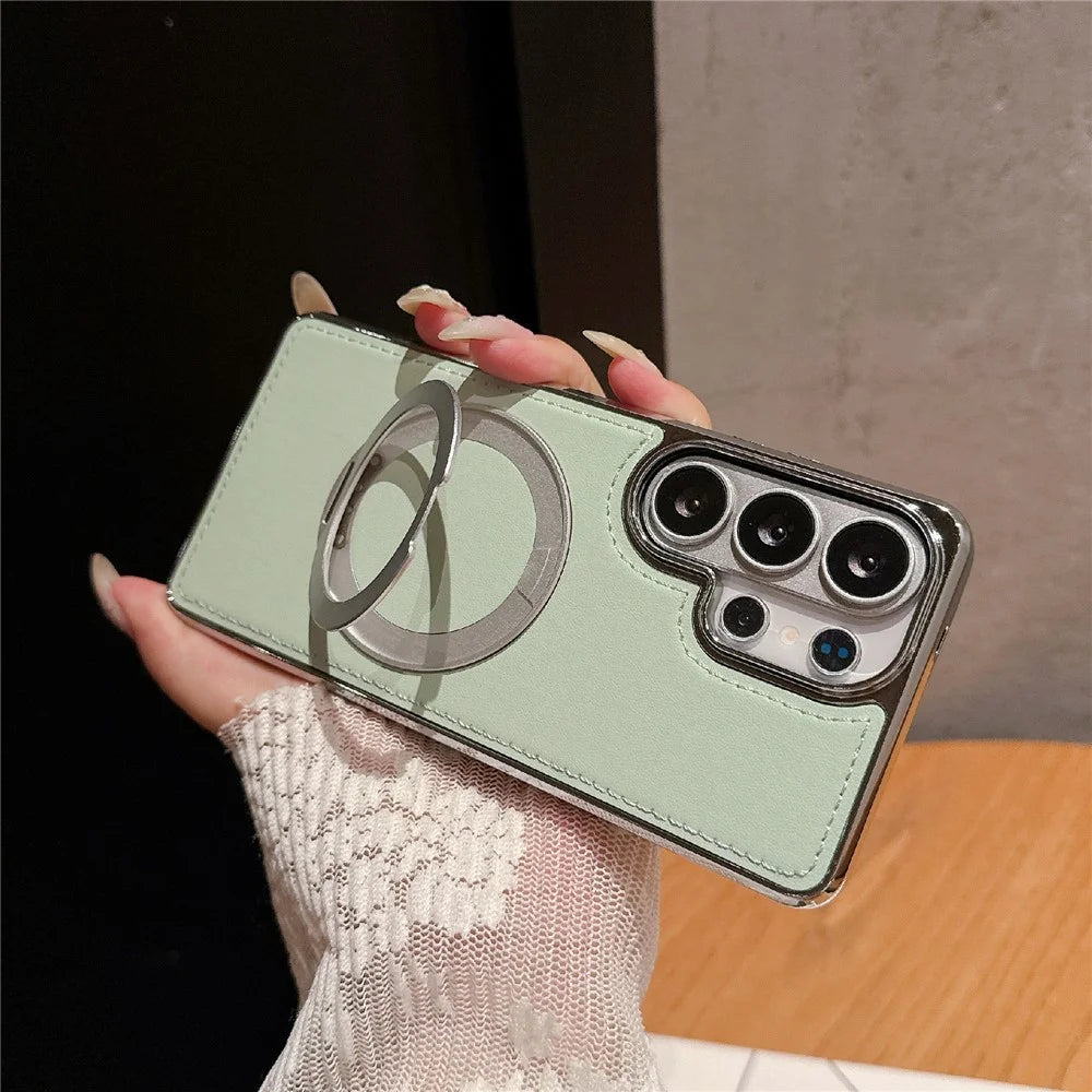 For Samsung Galaxy S26 Ultra Case Rotating Magnetic Kickstand Leather Coated PC + TPU Protective Cover - Orange - 6