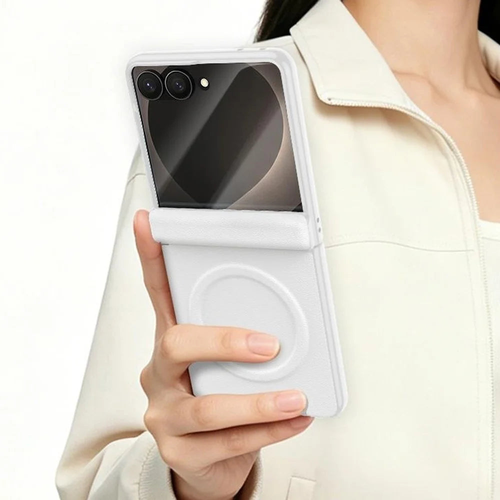 GKK for Samsung Galaxy Z Flip8 Magnetic Case Hinge Protection Leather + PC Phone Cover with Screen Protector - White - 3