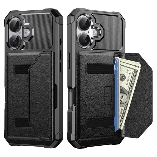 For iPhone 16 Case Card Holder Leather + TPU Anti-drop Phone Cover - Black - 1