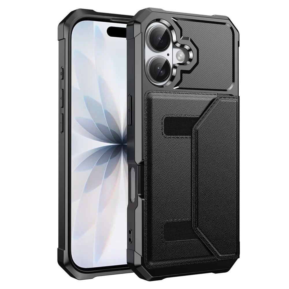 For iPhone 16 Case Card Holder Leather + TPU Anti-drop Phone Cover - Black - 2