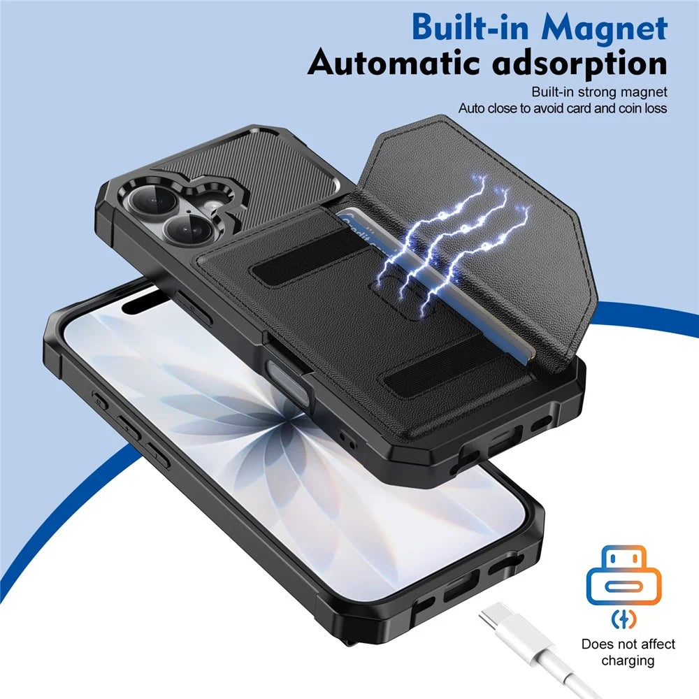 For iPhone 16 Case Card Holder Leather + TPU Anti-drop Phone Cover - Black - 4