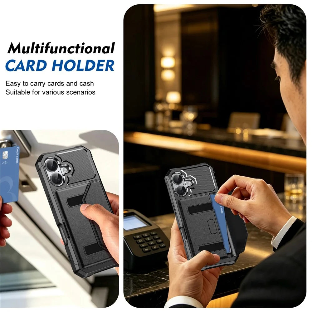 For iPhone 16 Case Card Holder Leather + TPU Anti-drop Phone Cover - Black - 7